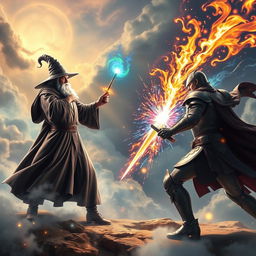 A dramatic scene of a magical duel between a confident sorcerer and a heroic figure