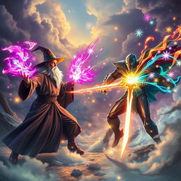A dramatic scene of a magical duel between a confident sorcerer and a heroic figure