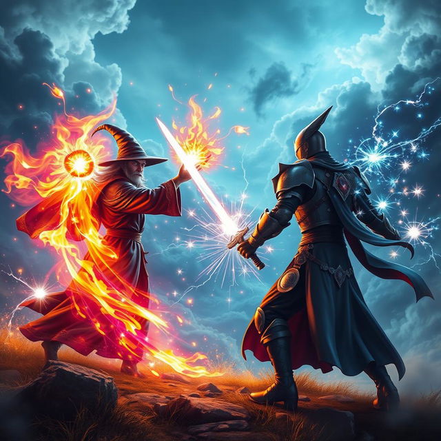 A dramatic scene of a magical duel between a confident sorcerer and a heroic figure