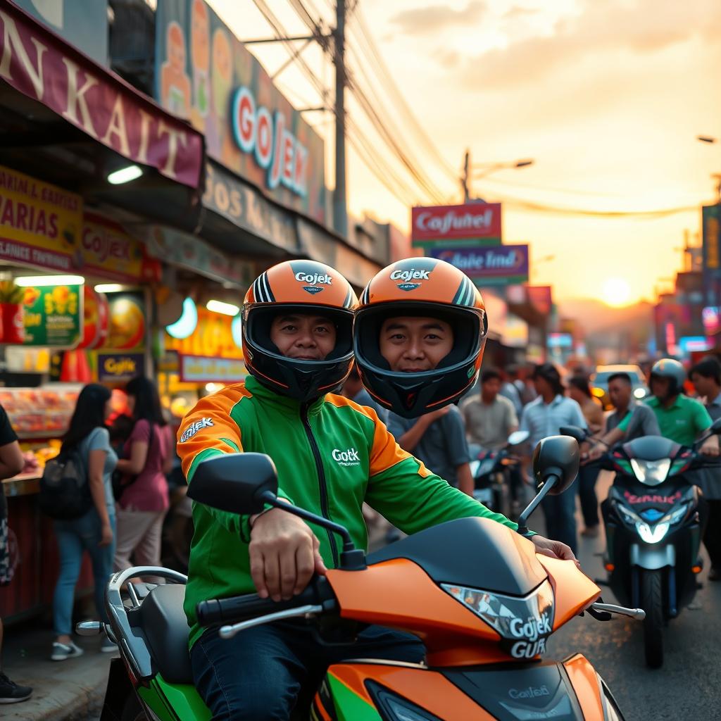 A vibrant and bustling urban scene featuring a Gojek motorcycle driver in a brightly colored helmet and uniform, picking up a passenger in front of a popular local food stall