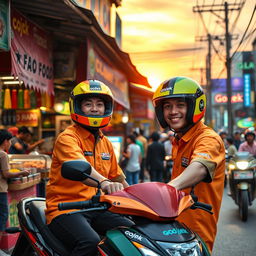 A vibrant and bustling urban scene featuring a Gojek motorcycle driver in a brightly colored helmet and uniform, picking up a passenger in front of a popular local food stall