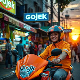 A vibrant and bustling urban scene featuring a Gojek motorcycle driver in a brightly colored helmet and uniform, picking up a passenger in front of a popular local food stall