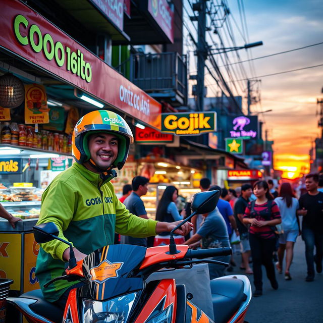 A vibrant and bustling urban scene featuring a Gojek motorcycle driver in a brightly colored helmet and uniform, picking up a passenger in front of a popular local food stall