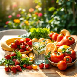 A beautifully arranged table filled with a variety of healthy foods, showcasing a colorful assortment of fruits such as vibrant strawberries, bananas, and oranges, alongside a selection of fresh vegetables like leafy greens, bell peppers, and tomatoes