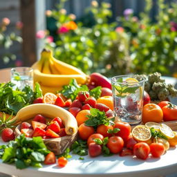 A beautifully arranged table filled with a variety of healthy foods, showcasing a colorful assortment of fruits such as vibrant strawberries, bananas, and oranges, alongside a selection of fresh vegetables like leafy greens, bell peppers, and tomatoes