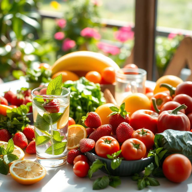 A beautifully arranged table filled with a variety of healthy foods, showcasing a colorful assortment of fruits such as vibrant strawberries, bananas, and oranges, alongside a selection of fresh vegetables like leafy greens, bell peppers, and tomatoes