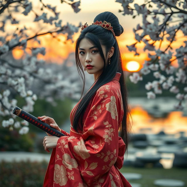 An elegant Asian woman in a traditional Japanese kimono, adorned with beautiful floral patterns, gracefully holding a katana