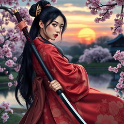 An elegant Asian woman in a traditional Japanese kimono, adorned with beautiful floral patterns, gracefully holding a katana