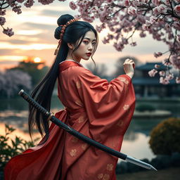 An elegant Asian woman in a traditional Japanese kimono, adorned with beautiful floral patterns, gracefully holding a katana