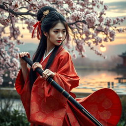 An elegant Asian woman in a traditional Japanese kimono, adorned with beautiful floral patterns, gracefully holding a katana