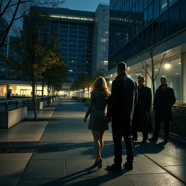 A tense scene depicting a group of men, dressed in dark clothing, lurking in the shadows near a modern hospital, watching a couple who appear to be unaware of the impending danger