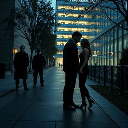 A tense scene depicting a group of men, dressed in dark clothing, lurking in the shadows near a modern hospital, watching a couple who appear to be unaware of the impending danger