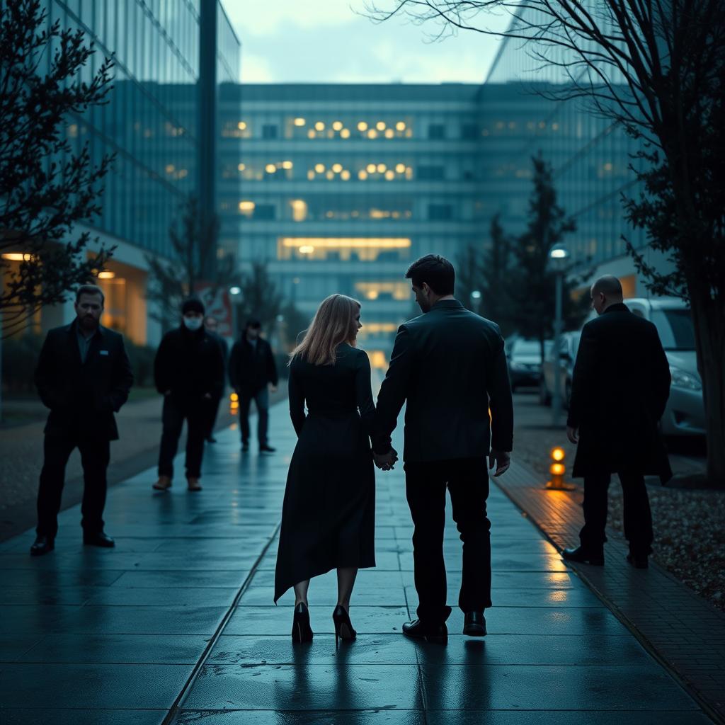 A tense scene depicting a group of men, dressed in dark clothing, lurking in the shadows near a modern hospital, watching a couple who appear to be unaware of the impending danger