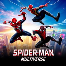 An exciting movie poster for the new release of 'Spider-Man: Multiverse', featuring three different Spider-Men from various universes