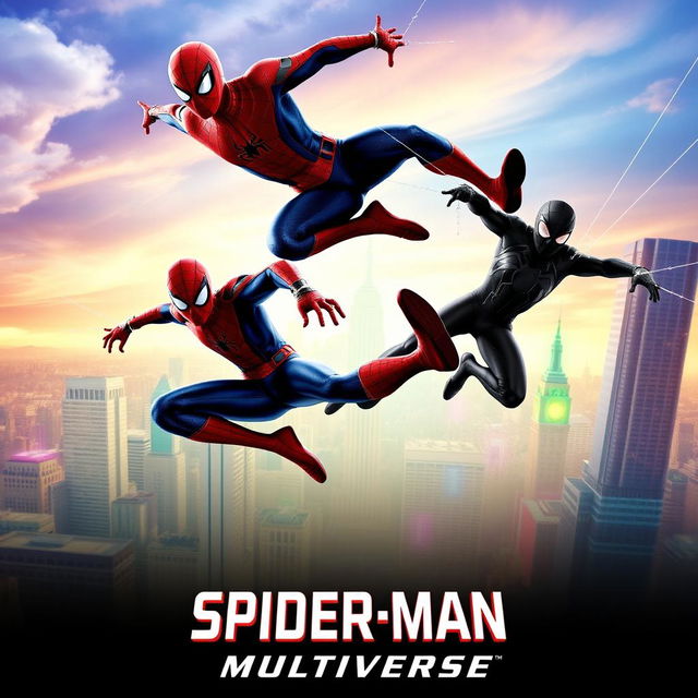 An exciting movie poster for the new release of 'Spider-Man: Multiverse', featuring three different Spider-Men from various universes