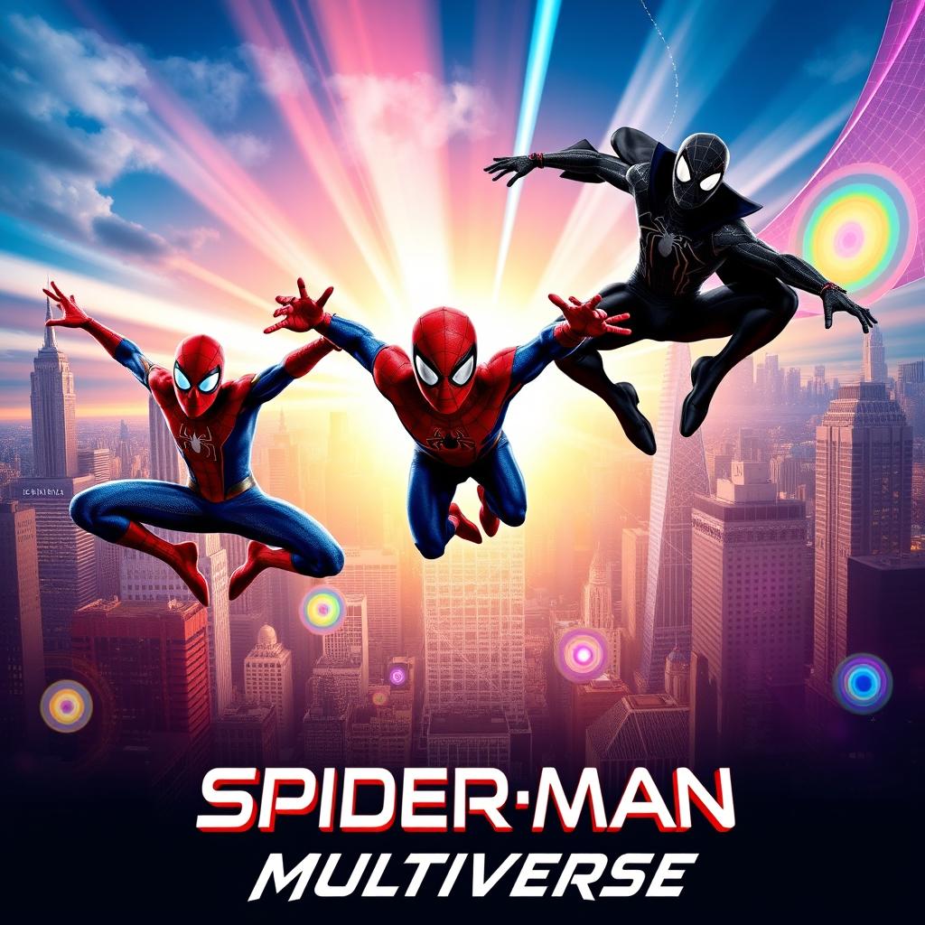 An exciting movie poster for the new release of 'Spider-Man: Multiverse', featuring three different Spider-Men from various universes