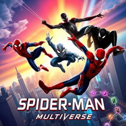 An exciting movie poster for the new release of 'Spider-Man: Multiverse', featuring three different Spider-Men from various universes