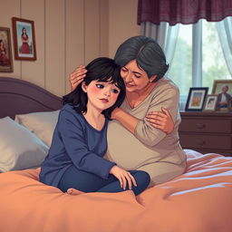 A scene depicting a heartwarming moment between a grieving woman with black hair and her supportive mother