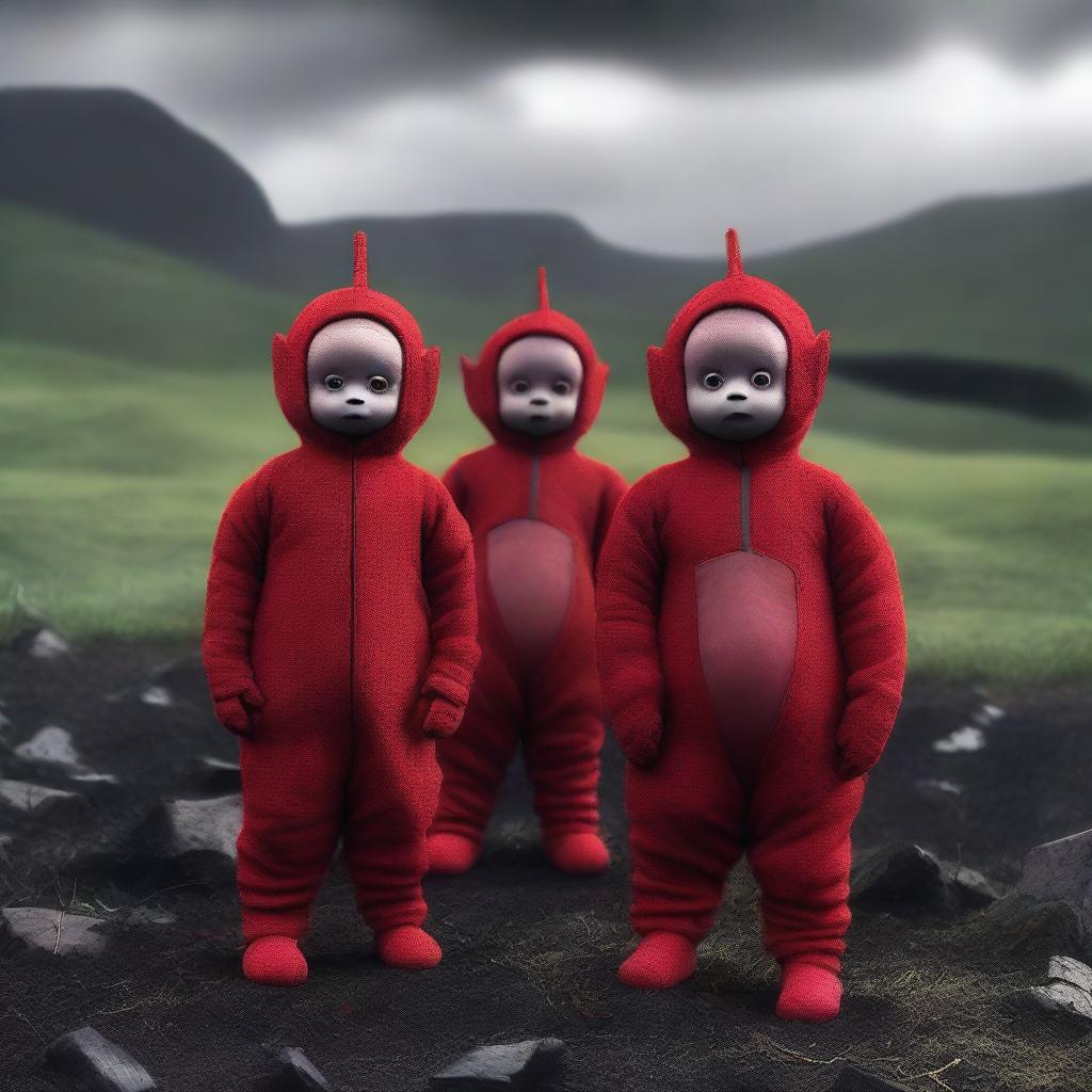 A set of high-quality digital art images from a dark and gritty live-action remake of Teletubbies