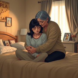A scene depicting a heartwarming moment between a grieving woman with black hair and her supportive mother