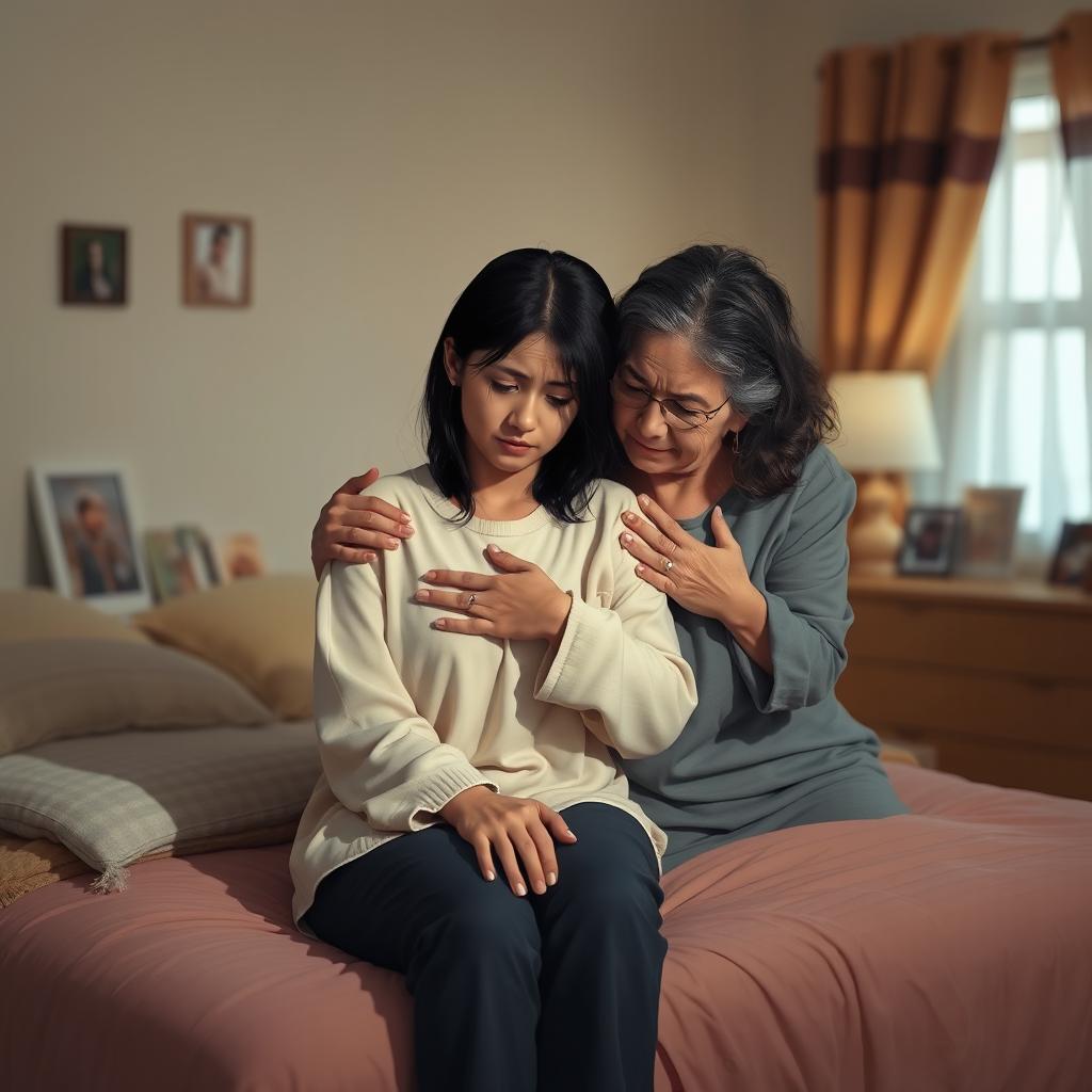 A scene depicting a heartwarming moment between a grieving woman with black hair and her supportive mother