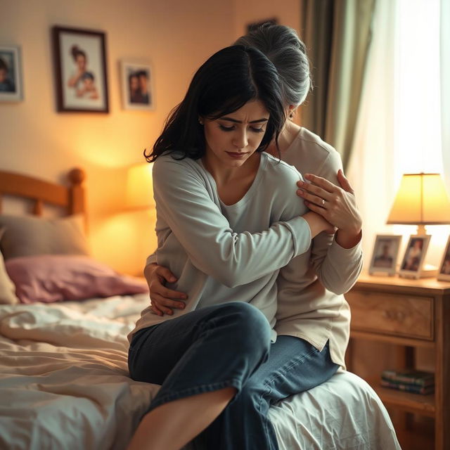 A scene depicting a heartwarming moment between a grieving woman with black hair and her supportive mother