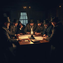 A dramatic scene depicting a group of traditional, early 1900s men engaged in a secret meeting to plan an overthrow of a government