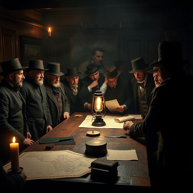 A dramatic scene depicting a group of traditional, early 1900s men engaged in a secret meeting to plan an overthrow of a government