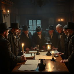 A dramatic scene depicting a group of traditional, early 1900s men engaged in a secret meeting to plan an overthrow of a government