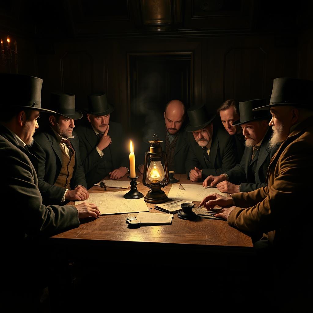 A dramatic scene depicting a group of traditional, early 1900s men engaged in a secret meeting to plan an overthrow of a government