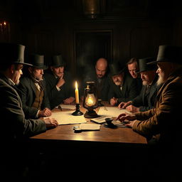 A dramatic scene depicting a group of traditional, early 1900s men engaged in a secret meeting to plan an overthrow of a government