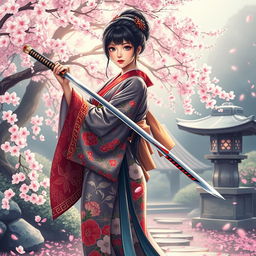 A stunning art illustration of an Asian Japanese woman wearing an intricate, beautifully patterned kimono, filled with vibrant colors and delicate floral designs