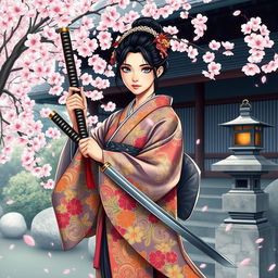 A stunning art illustration of an Asian Japanese woman wearing an intricate, beautifully patterned kimono, filled with vibrant colors and delicate floral designs