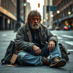 A realistic and detailed scene of a homeless man sitting on the sidewalk