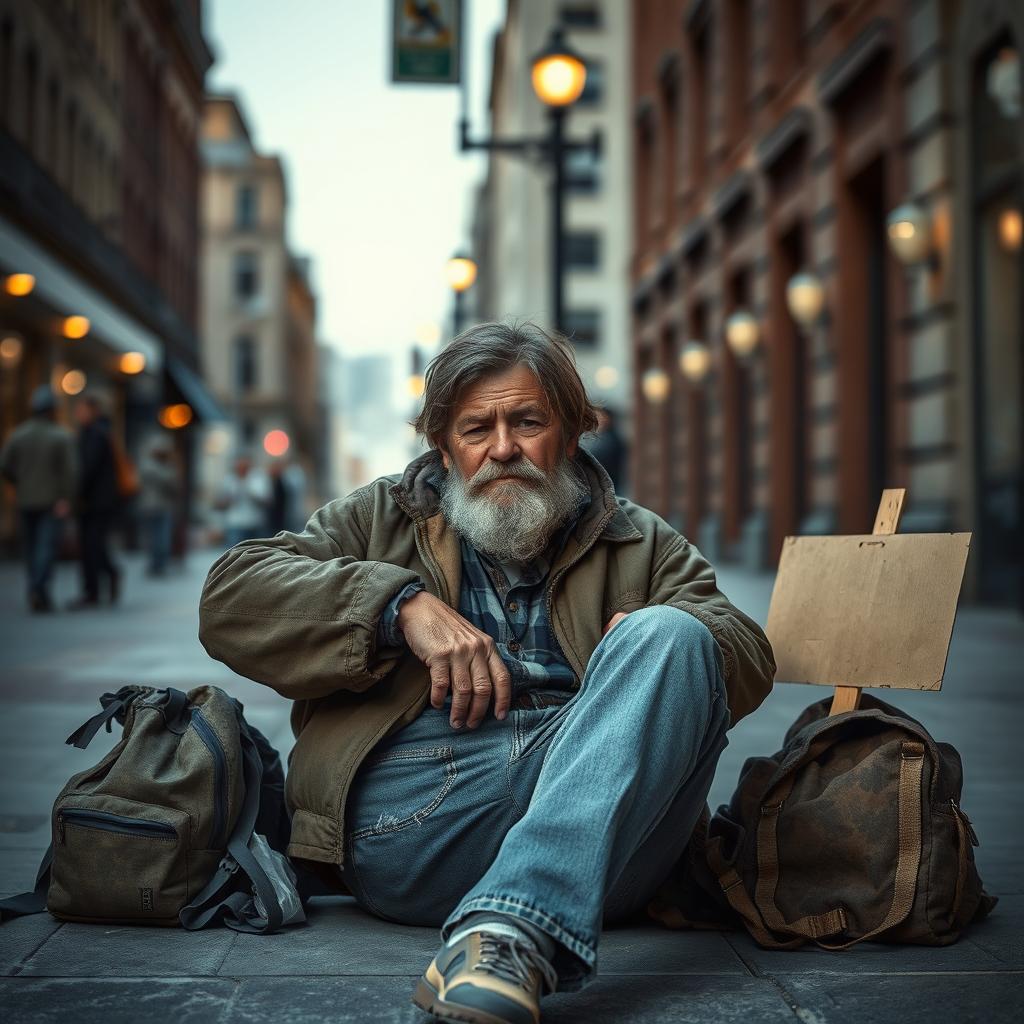 A realistic and detailed scene of a homeless man sitting on the sidewalk