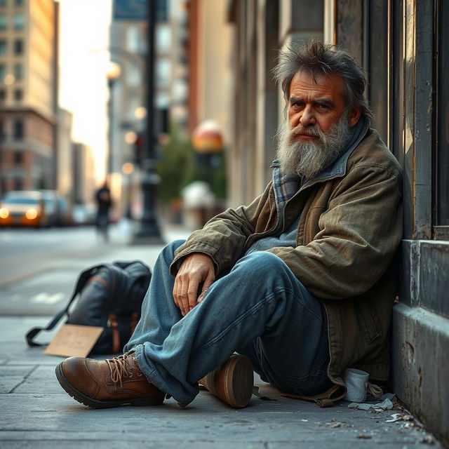 A realistic and detailed scene of a homeless man sitting on the sidewalk