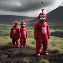 A set of high-quality digital art images from a dark and gritty live-action remake of Teletubbies