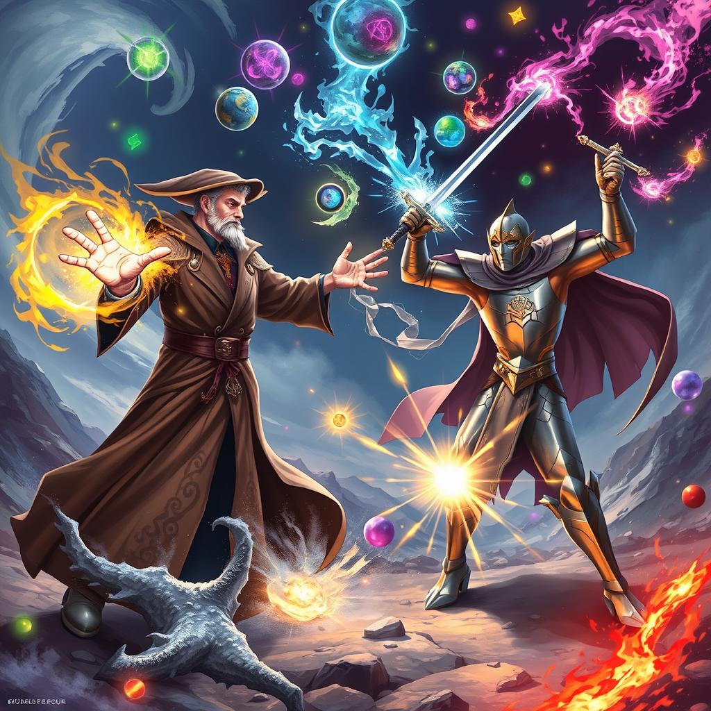 A dynamic scene depicting a magical duel between a confident sorcerer and a heroic figure