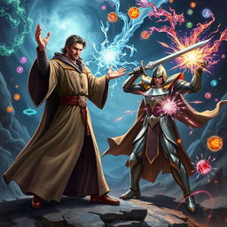 A dynamic scene depicting a magical duel between a confident sorcerer and a heroic figure