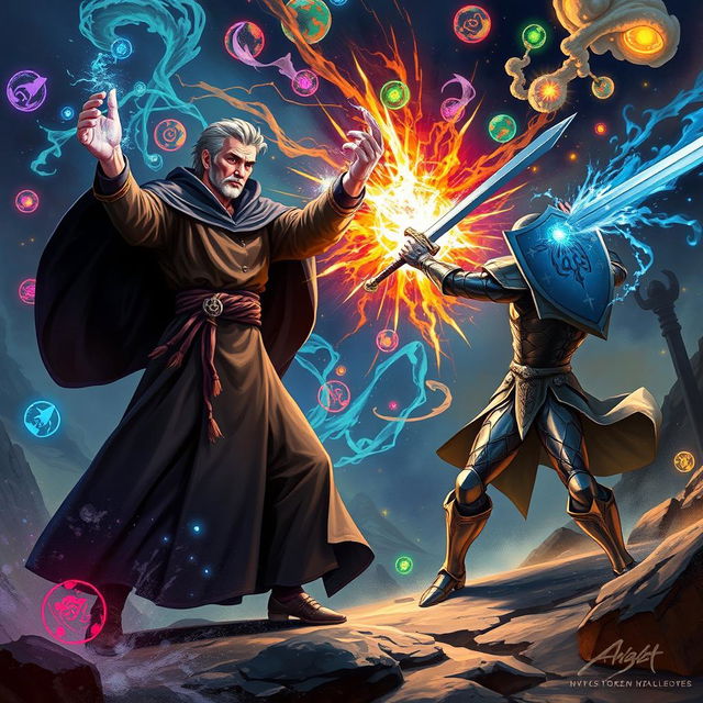 A dynamic scene depicting a magical duel between a confident sorcerer and a heroic figure