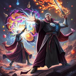 A dynamic scene depicting a magical duel between a confident sorcerer and a heroic figure
