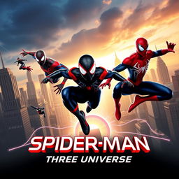 A captivating movie poster for the new release titled 'Spider-Man: Three Universes', featuring three distinct Spider-Men from different dimensions