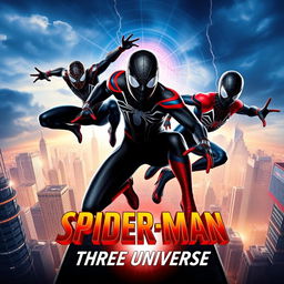 A captivating movie poster for the new release titled 'Spider-Man: Three Universes', featuring three distinct Spider-Men from different dimensions