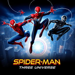 A captivating movie poster for the new release titled 'Spider-Man: Three Universes', featuring three distinct Spider-Men from different dimensions