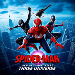 A captivating movie poster for the new release titled 'Spider-Man: Three Universes', featuring three distinct Spider-Men from different dimensions