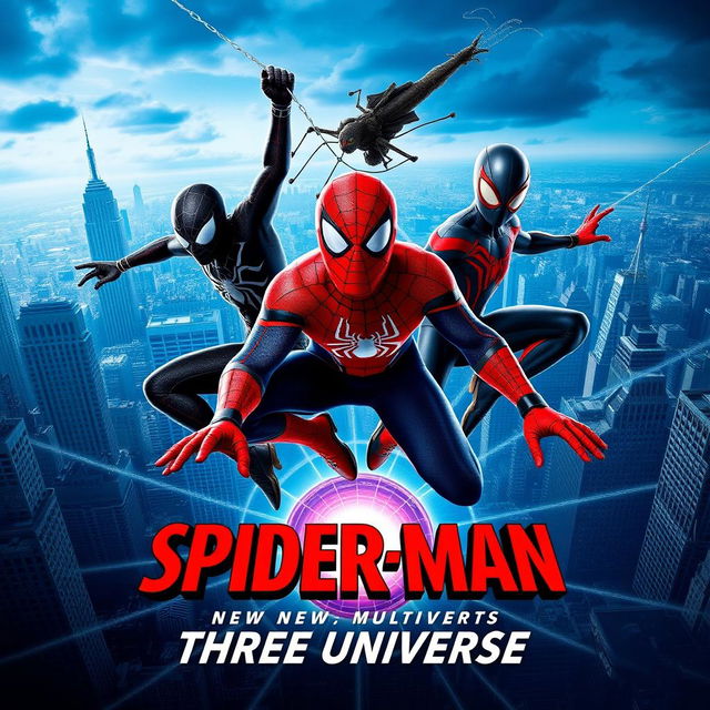 A captivating movie poster for the new release titled 'Spider-Man: Three Universes', featuring three distinct Spider-Men from different dimensions