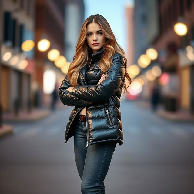 A hot girl wearing a shiny black puffer jacket, standing confidently with arms crossed