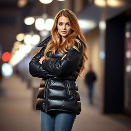 A hot girl wearing a shiny black puffer jacket, standing confidently with arms crossed