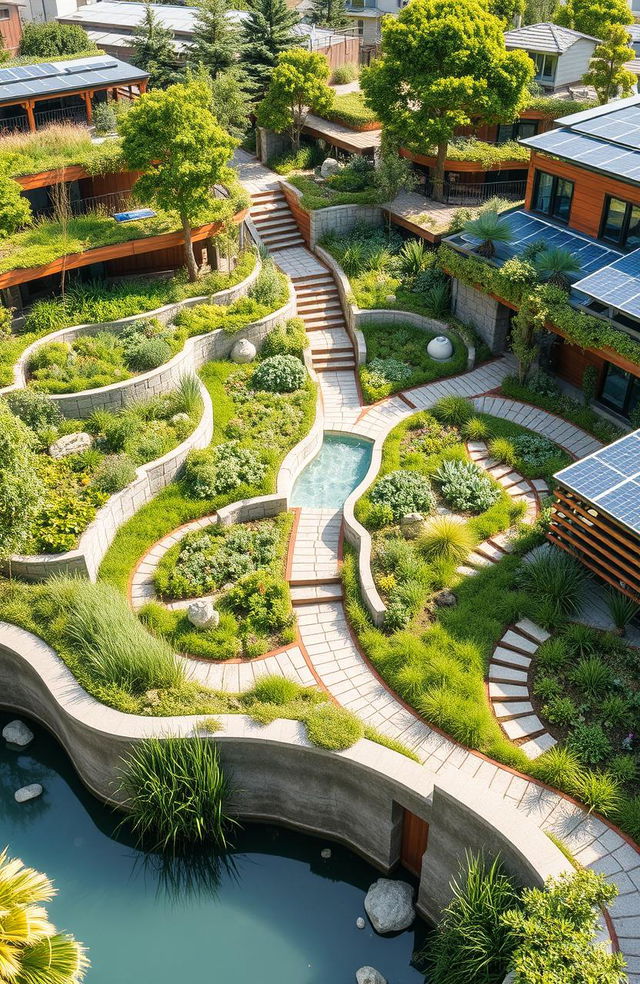 An innovative landscape featuring diverse structures designed for land and water conservation