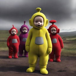 A set of high-quality digital art images from a dark and gritty live-action remake of Teletubbies